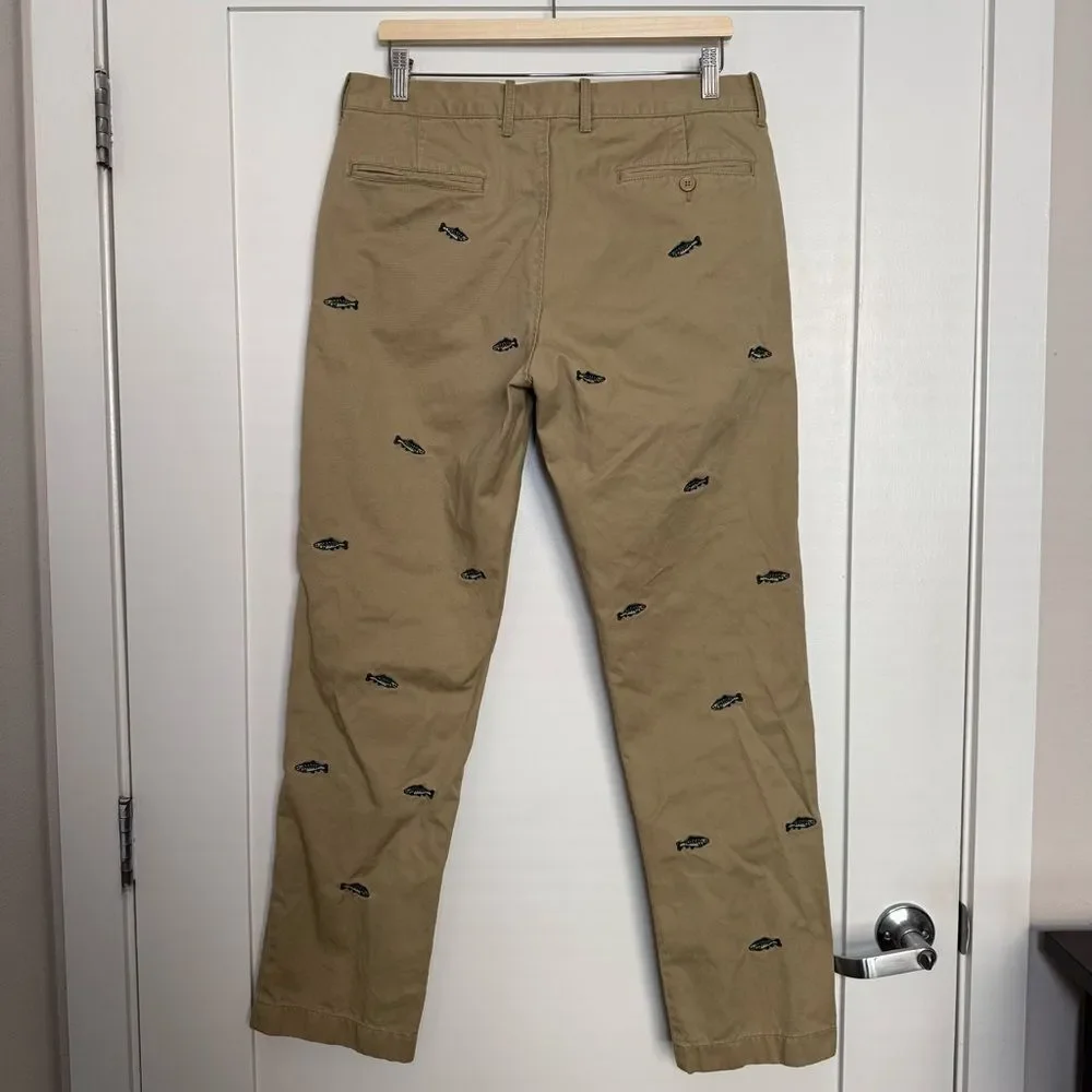 J Crew The Sutton Chino Pants Mens 33x32 Tan Straight Embroidered Fish Cotton